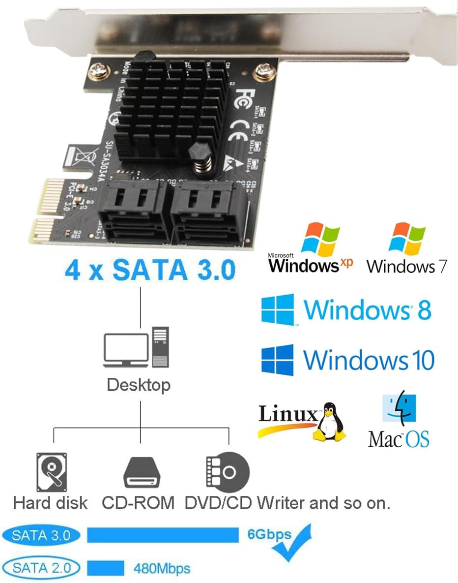 Amazon.com: SATA Card PCIE 3.0, 4 Port with 4 Cables, Controller